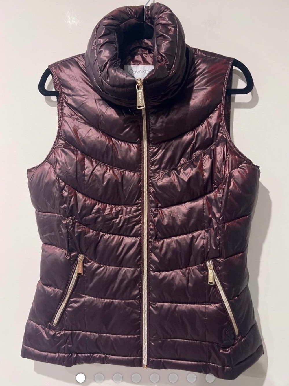 Calvin Klein Women's Dark Burgundy Quilted Puffer Vest with Gold Zippers